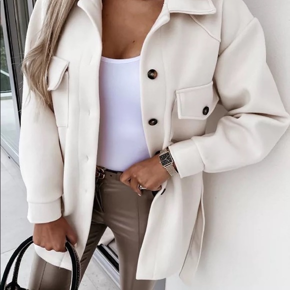 22Cream Pocket Button Belt Chic Boho Brush Utility fitted lightweight shacket - Picture 2 of 8